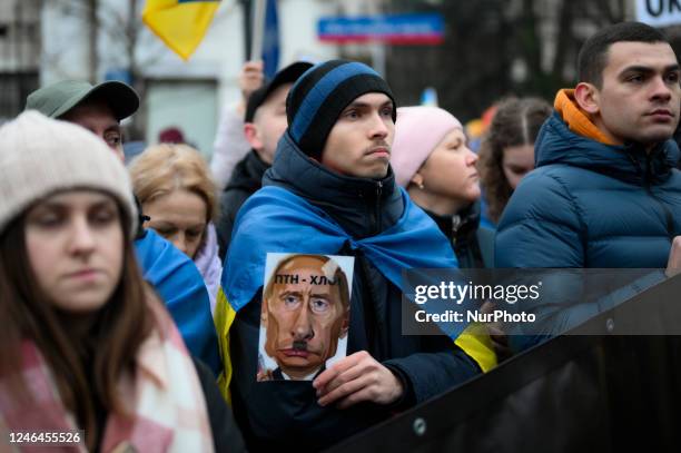 Crowds of people demonstrate in front of the Russian embassy on the Ukrainian Day of Unity in Warsaw, Poland on 22 January, 2023. Demonstrators...