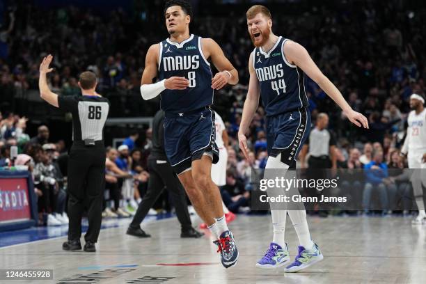 Josh Green of the Dallas Mavericks and Davis Bertans celebrate during the game against the LA Clippers on January 22, 2023 at the American Airlines...