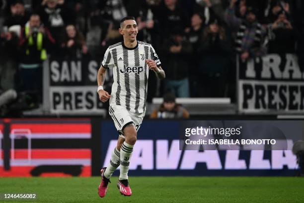 Juventus' Argentinian forward Angel Di Maria celebrates after scoring a penalty kick for his team's first goal during the Italian Serie A football...