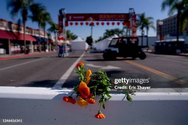 Flowers are placed near the scene of a deadly mass shooting on January 22, 2023 in Monterey Park, California. 10 people were killed and 10 more were...