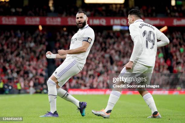 Karim Benzema of Real Madrid celebrating 0-1 with Dani Ceballos of Real Madrid during the La Liga Santander match between Athletic de Bilbao v Real...