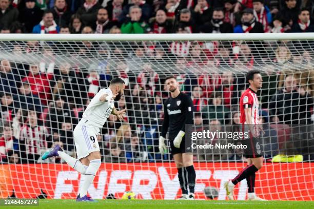 Karim Benzema centre-forward of Real Madrid and France celebrates after scoring his sides first goal during the LaLiga Santander match between...