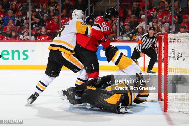 Tristan Jarry of the Pittsburgh Penguins defends his net in the third period of the game against the New Jersey Devils on January 22, 2023 at the...