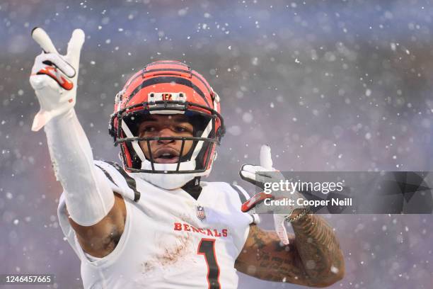 Ja'Marr Chase of the Cincinnati Bengals celebrates after a play against the Buffalo Bills during the first half at Highmark Stadium on January 22,...