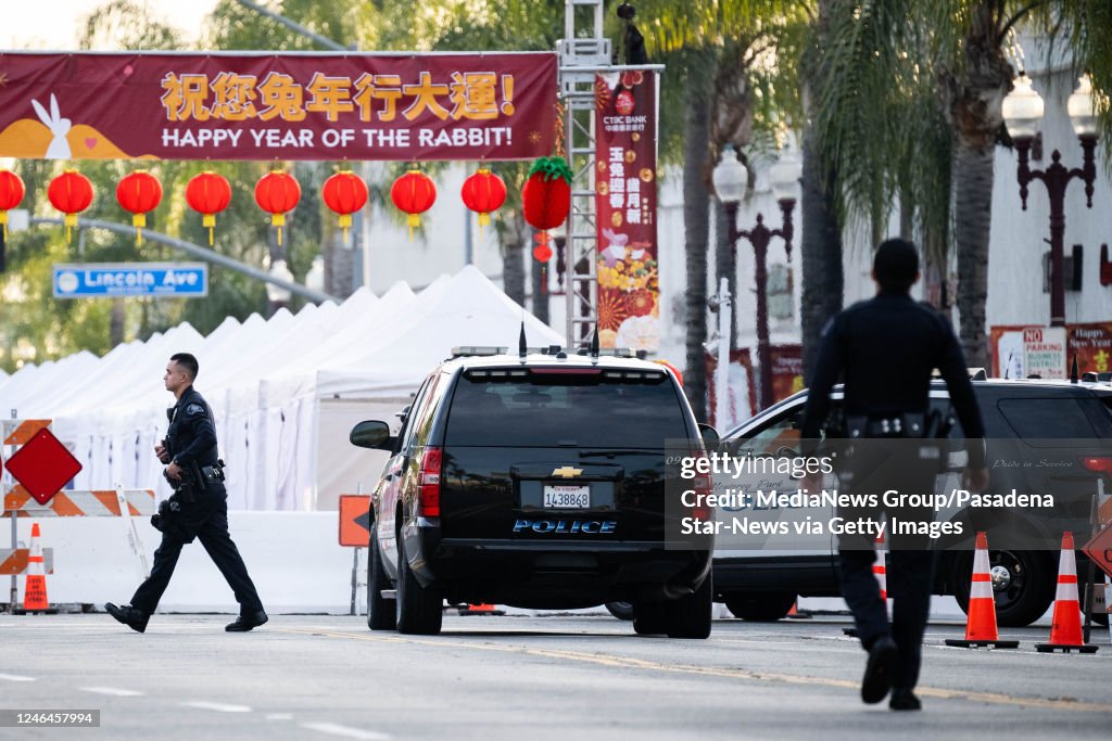 Monterey Park Police officers at the scene of a mass shooting on