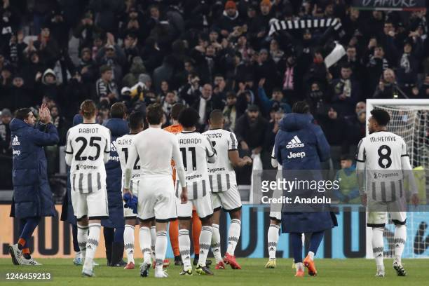 Juventus players greet fans at the end of the Italian Serie A football match between Juventus and Atalanta at the Allianz Stadium in Turin, Italy, on...