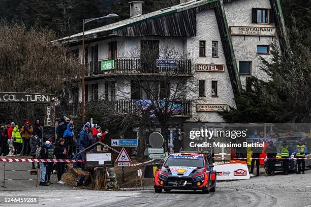 Thierry Neuville of Belgium and Martijn Wydaeghe of Belgium compete with their Hyundai Shell Mobis WRT Hyundai i20 N Rally1 Hybrid during Day Four of...