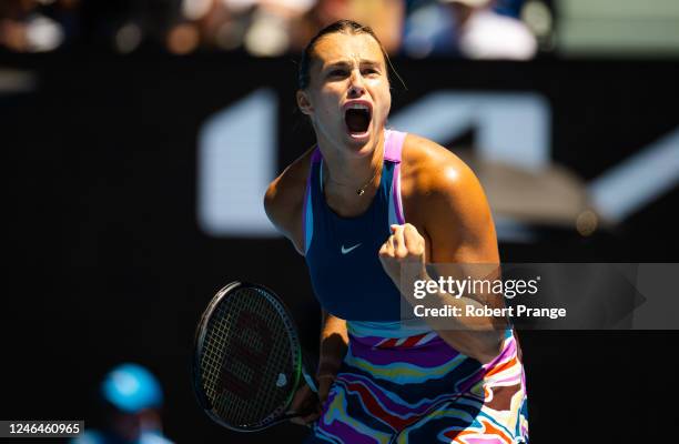 Aryna Sabalenka of Belarus in action against Belinda Bencic of Switzerland during her fourth round match on Day 8 of the 2023 Australian Open at...