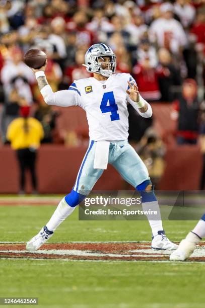 Dallas Cowboys quarterback Dak Prescott throws a pass during the NFL NFC Divisional Playoff game between the Dallas Cowboys and San Francisco 49ers...