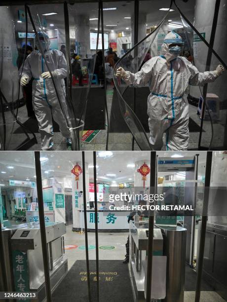 This combination of pictures created on January 22, 2023 shows a file photo of medical staff members wearing protective clothing at the Wuhan Red...