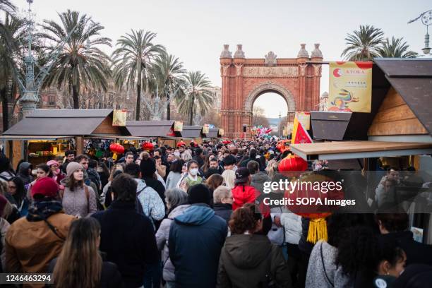 The crowd of people is seen during celebrations for the Chinese New Year under the Arc de Triomf monument. After two years of strict...