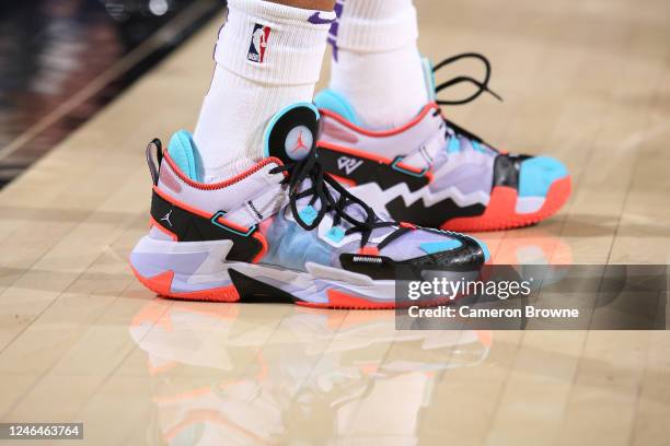 The sneakers worn by Russell Westbrook of the Los Angeles Lakers during the game against the Portland Trail Blazers on January 22, 2023 at the Moda...