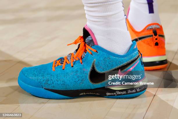 The sneakers worn by LeBron James of the Los Angeles Lakers during the game against the Portland Trail Blazers on January 22, 2023 at the Moda Center...