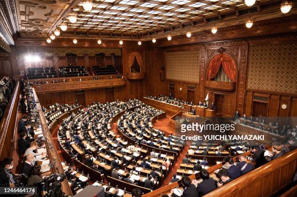 Japan's Prime Minister Fumio Kishida delivers a policy speech at the Ordinary Diet session in Tokyo on January 23, 2023.