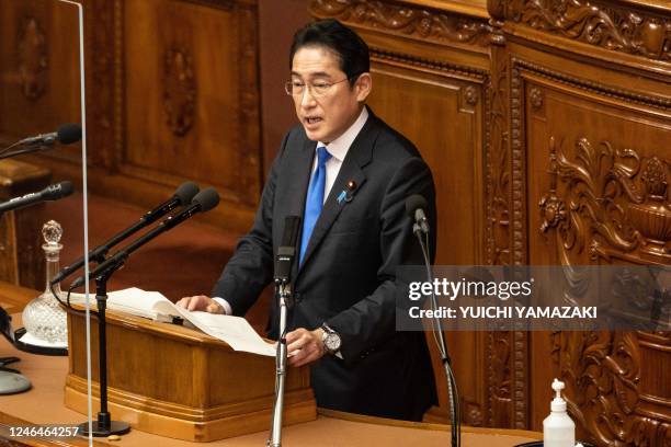 Japan's Prime Minister Fumio Kishida delivers a policy speech at the Ordinary Diet session in Tokyo on January 23, 2023.