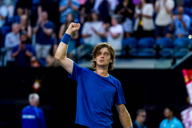 Andrey Rublev of Russia celebrates after winning his match during Round 4 of the 2023 Australian Open on January 23 2023, at Melbourne Park in...