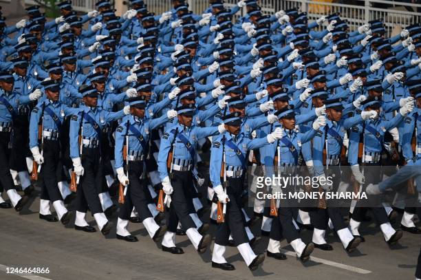 Indian soldiers march during the full dress rehearsal for the upcoming Republic Day parade, in New Delhi on January 23, 2023.