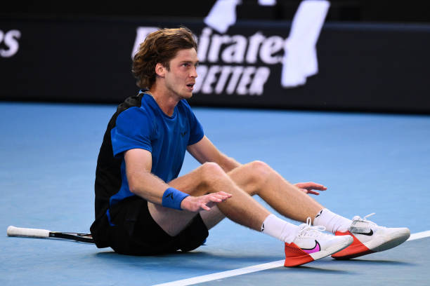 Andrey Rublev of Russia reacts during his fourth round match against Holger Rune of Denmark at the Australian Open grand slam tennis tournament at...