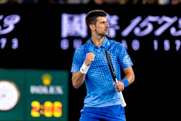 Novak Djokovic of Serbia celebrates during Round 4 of the 2023 Australian Open on January 23 2023, at Melbourne Park in Melbourne, Australia.