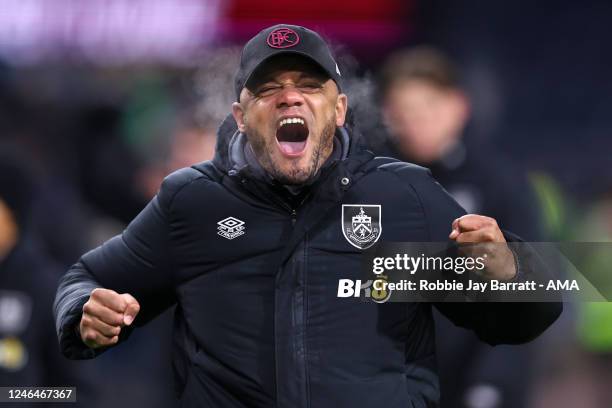Vincent Kompany the head coach / manager of Burnley celebrates at full time during the Sky Bet Championship between Burnley and West Bromwich Albion...