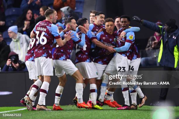 Nathan Tella of Burnley celebrates after scoring a goal to make it 1-1 during the Sky Bet Championship between Burnley and West Bromwich Albion at...