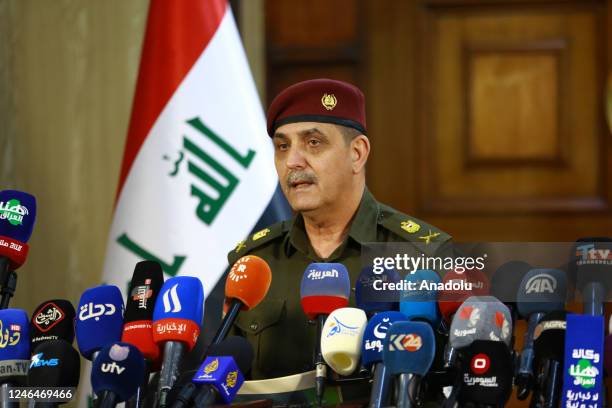 General Yahya Rasool, Military Spokesperson of Iraqi Prime Minister Mohammed Shia al-Sudani answers the questions of press members during a press...