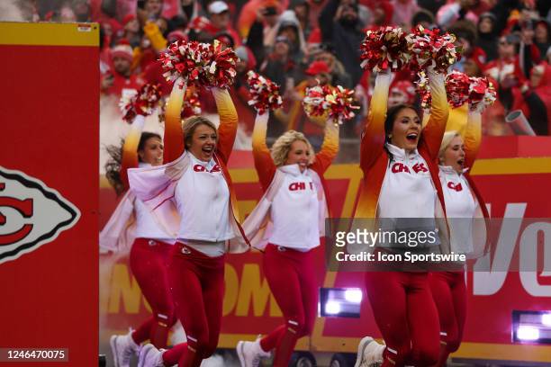 Kansas City Chiefs cheerleaders run onto the field before an AFC divisional playoff game between the Jacksonville Jaguars and Kansas City Chiefs on...