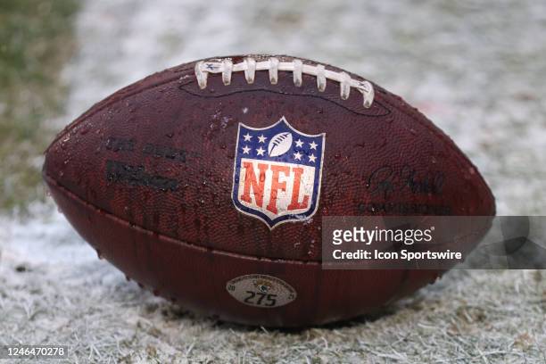 View of a football with the NFL logo before an AFC divisional playoff game between the Jacksonville Jaguars and Kansas City Chiefs on January 21,...