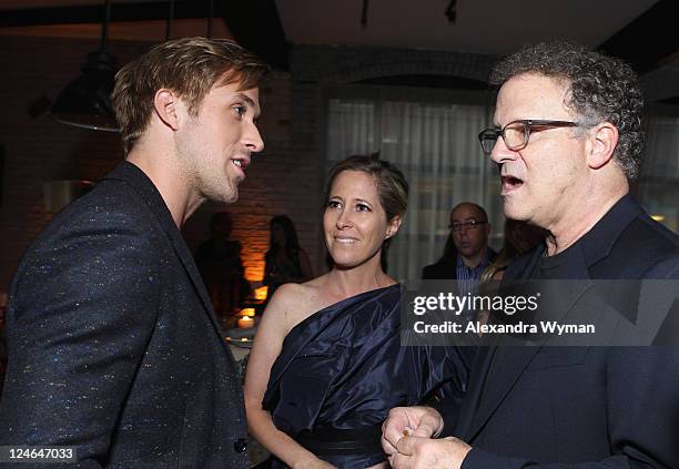 Actor Ryan Gosling, Kimberly Shlain and Actor Albert Brooks attend the "Drive" party hosted by GREY GOOSE Vodka at Soho House Pop Up Club during the...