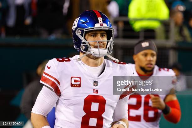 New York Giants quarterback Daniel Jones enters the field prior the NFC Divisional playoff game between the Philadelphia Eagles and the New York...
