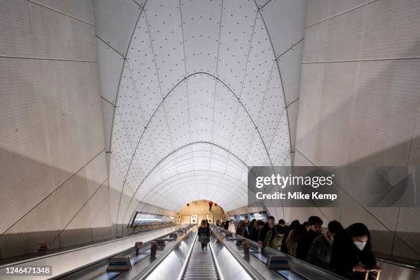 Escalators down into the new Elizabeth Line station at Whitechapel on 9th January 2023 in London, United Kingdom. Crossrail is a railway construction...