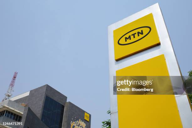 Totem sign outside the MTN Group Ltd. Regional headquarters in Accra, Ghana, on Saturday, Jan. 21, 2022. MTN, Africas largest wireless carrier, plans...