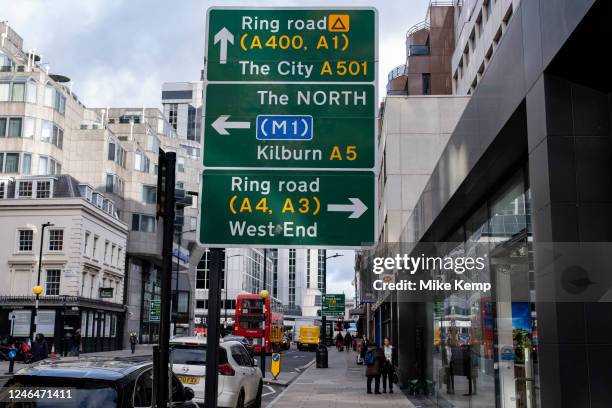 Sign in central London for the M1 motorway North on Praed Street, Paddington on 9th January 2023 in London, United Kingdom. The M1 motorway connects...