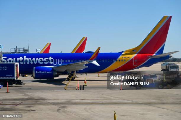 Southwest Airlines planes are seen at the AustinBergstrom International Airport in Austin, Texas on January 22, 2023.