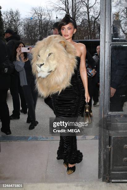 January 23, 2023; Kylie Jenner in a black dress with a lions head at the Schiapparelli fashion show on January 23,2023 in Paris, France.