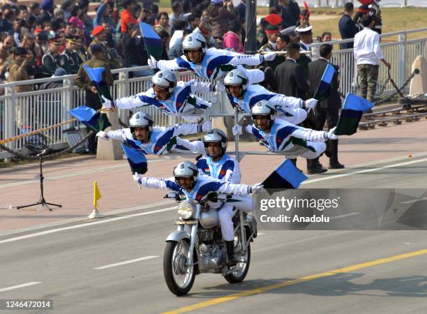 Indian military dare devil stunt team performs during the full dress rehearsal for the upcoming Republic Day parade,on January 23, 2023 in New Delhi,...