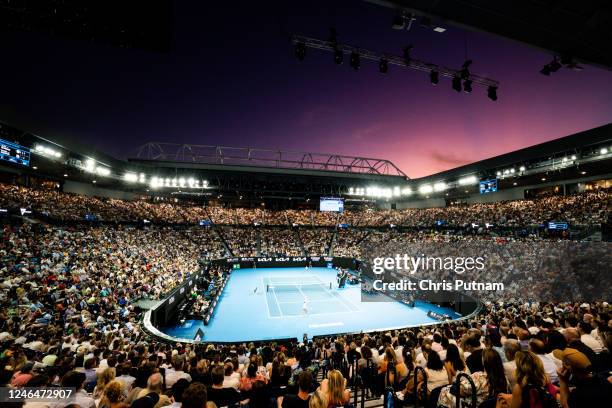 Alex de Minaur of Australia plays Novak Djokovic of Serbia in the 4th round on day 8 of the 2023 Australian Open at Melbourne Park on January 23,...