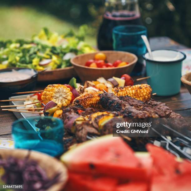 préparation de l’agneau, du bœuf et du kebab aux légumes avec salade verte à l’extérieur - agneau viande photos et images de collection