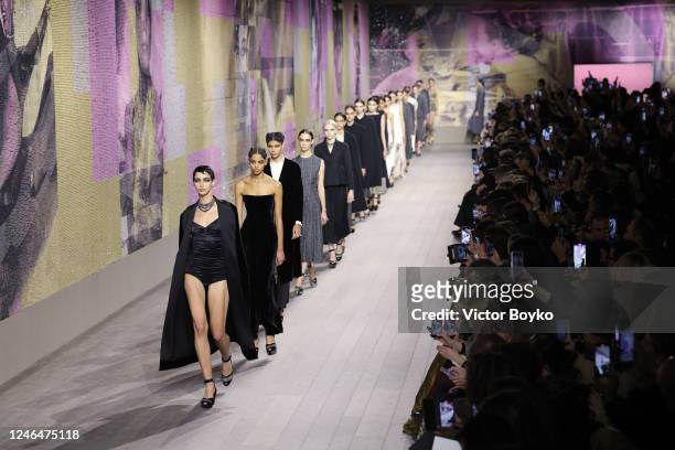 Models walk the runway during the finale of the Christian Dior Haute Couture Spring Summer 2023 show as part of Paris Fashion Week on January 23,...