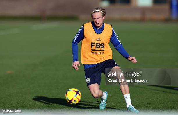 Victor Kristiansen of Leicester City during a Leicester City training session at Leicester City Training Ground, Seagrave on January 23, 2023 in...