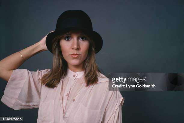 Portrait of American actress Carrie Fisher with a hat on her head, 1978.