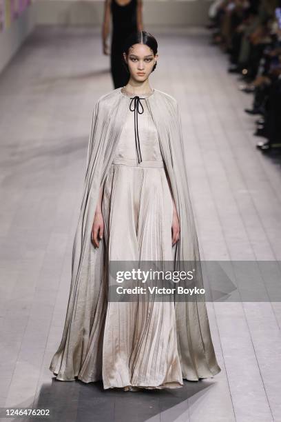 Model walks the runway during the Christian Dior Haute Couture Spring Summer 2023 show as part of Paris Fashion Week on January 23, 2023 in Paris,...
