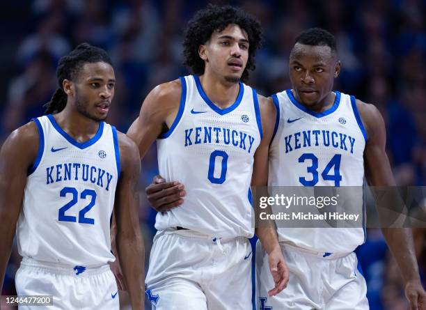 Cason Wallace, Jacob Toppin and Oscar Tshiebwe of the Kentucky Wildcats are seen during the game against the Texas A&M Aggies at Rupp Arena on...