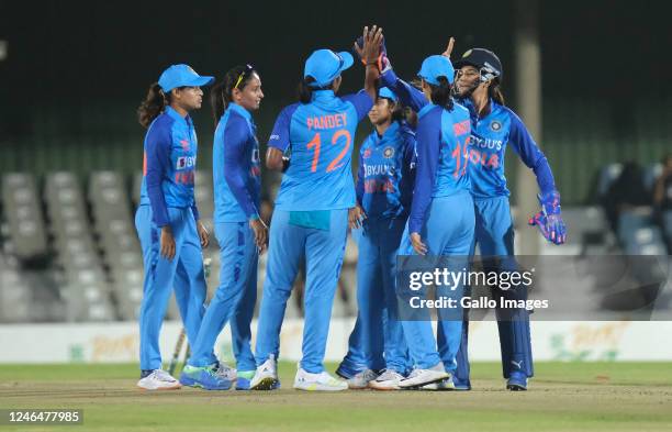 India celebrate a wicket during the Women's T20I Tri-Series match between India and West Indies at Buffalo Park on January 23, 2023 in East London,...