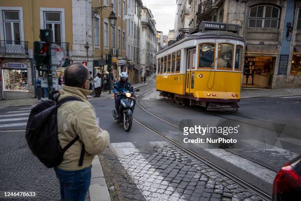 Tram is seen traveling through the main streets of the Baixa district. Lisbon, January 16, 2023. The transmissibility index of the covid-19 virus...