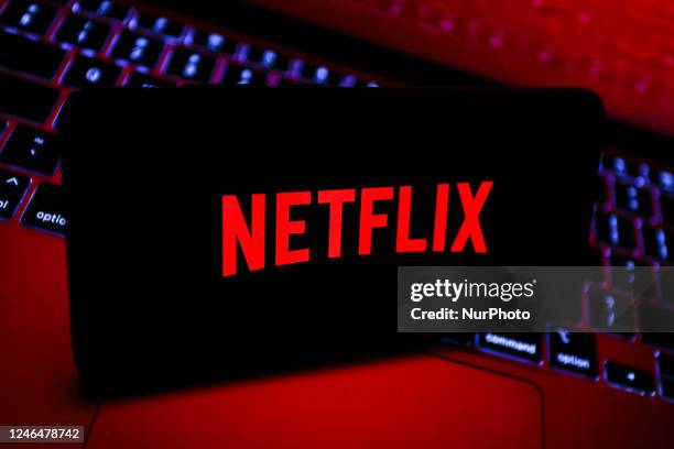 Netflix logo is displayed on a mobile phone screen for illustration photo. Krakow, Poland on January 23, 2023.