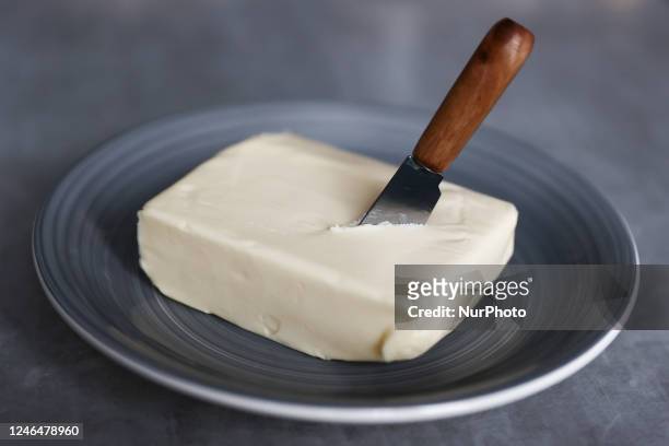 Butter is seen on a plate in this illustration photo taken in Krakow, Poland on January 23, 2023.