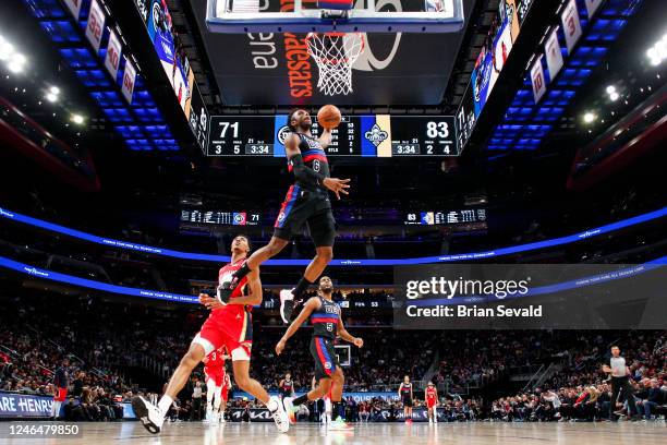 Hamidou Diallo of the Detroit Pistons drives to the basket during the game against the New Orleans Pelicans on January 13, 2023 at Little Caesars...