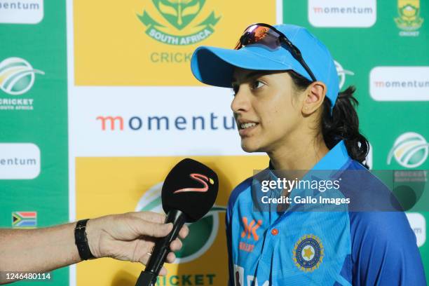 Smriti Mandhana of India is interviewed during the Women's T20I Tri-Series match between India and West Indies at Buffalo Park on January 23, 2023 in...