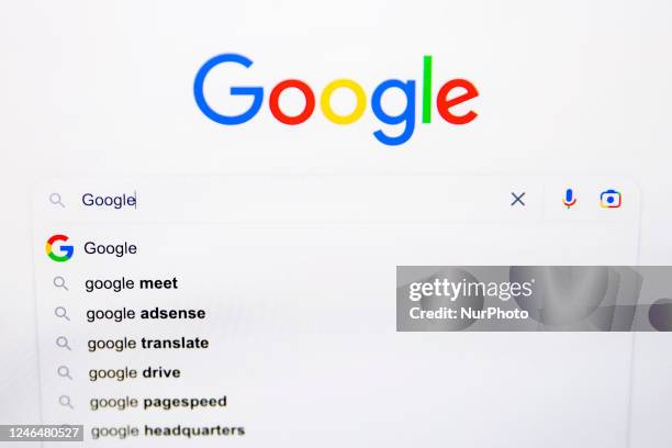 Google homepage is displayed on a screen for illustration photo. Krakow, Poland on January 23, 2023.